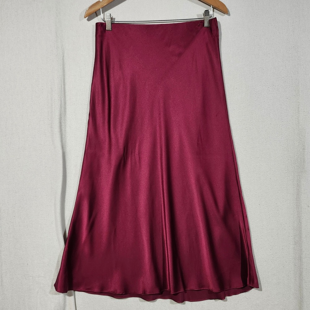 Quince Womens 100% Silk Midi Skirt Burgundy Wine Red Satin Slip Bias Cut XL